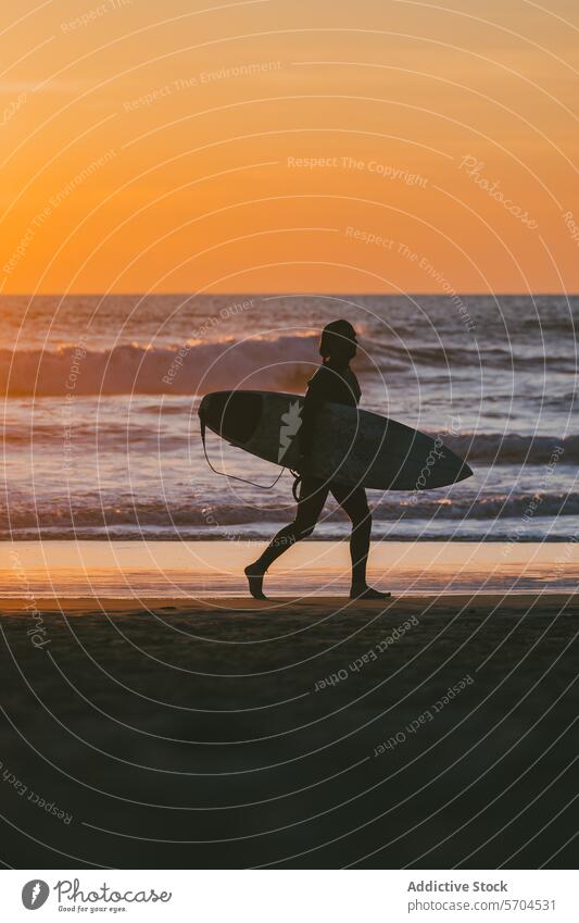 Silhouette eines männlichen Surfers mit Surfbrett am Strand bei Sonnenuntergang Mann wellig Meer Meeresufer MEER Sport Natur Wasser Sommer Urlaub Seeküste