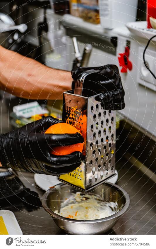 Koch reibt Orangenschale in eine Metallschüssel in der Küche Küchenchef Gitter orange Schale Schalen & Schüsseln kulinarisch Rezept professionell schwarz