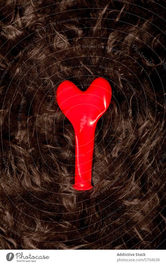 Roter flacher herzförmiger Ballon, der auf dem Fell reflektiert Luftballon festlich Herz Licht Anlass glänzend Form künstlich