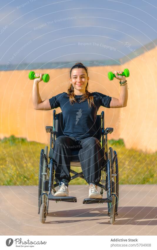 Eine junge Frau im Rollstuhl hebt grüne Hanteln im Freien mit konzentrierter Miene, um Fitness und Kraft zu fördern Übung Stärke Training Gesundheit aktiv