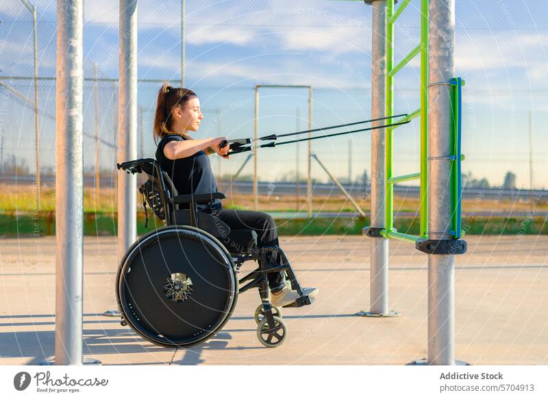 Frau im Rollstuhl drückt die Brust mit Hilfe von Widerstandsbändern in einem Fitnessstudio im Freien Widerstandsband Brustpresse Übung Training Stärke