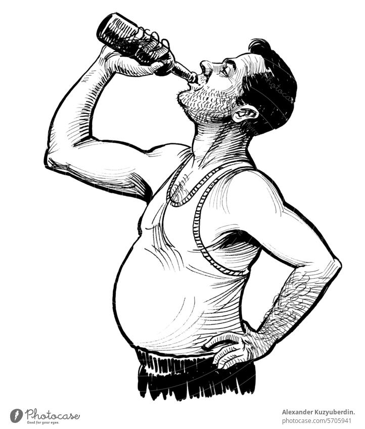 Alkoholiker Mann trinkt eine Flasche Wein. Hand gezeichnet retro gestylt Tinte schwarz und weiß Zeichnung alkoholisch Alkoholsucht Bier männlich Person Fett