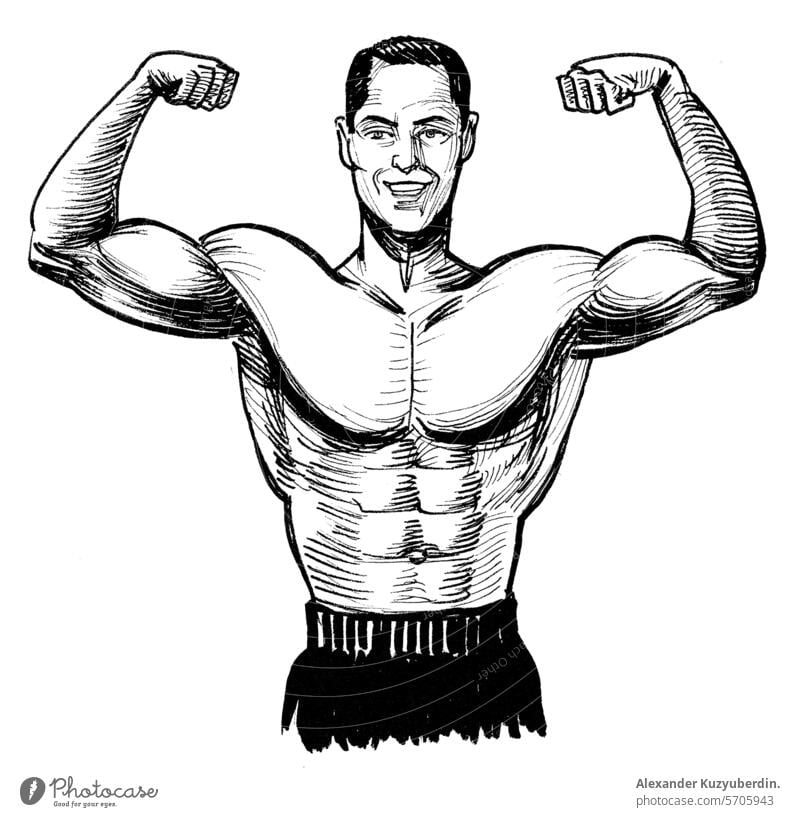 Starker Mann beugt Bizeps. Hand gezeichnet retro gestylt Tinte schwarz und weiß Zeichnung Muskel muskulös Sport Sportler Bodybuilder männlich Charakter Person