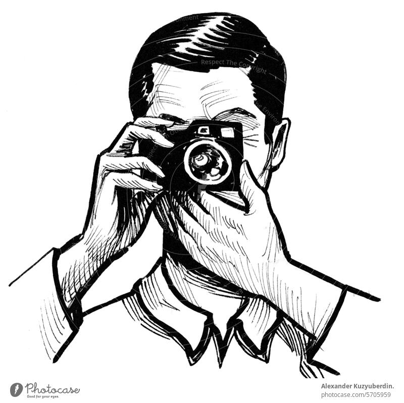 Mann, der ein Foto mit einer analogen Vintage-Kamera macht. Hand gezeichnet retro gestylt schwarz und weiß Zeichnung fotografierend Fotograf Fotokamera