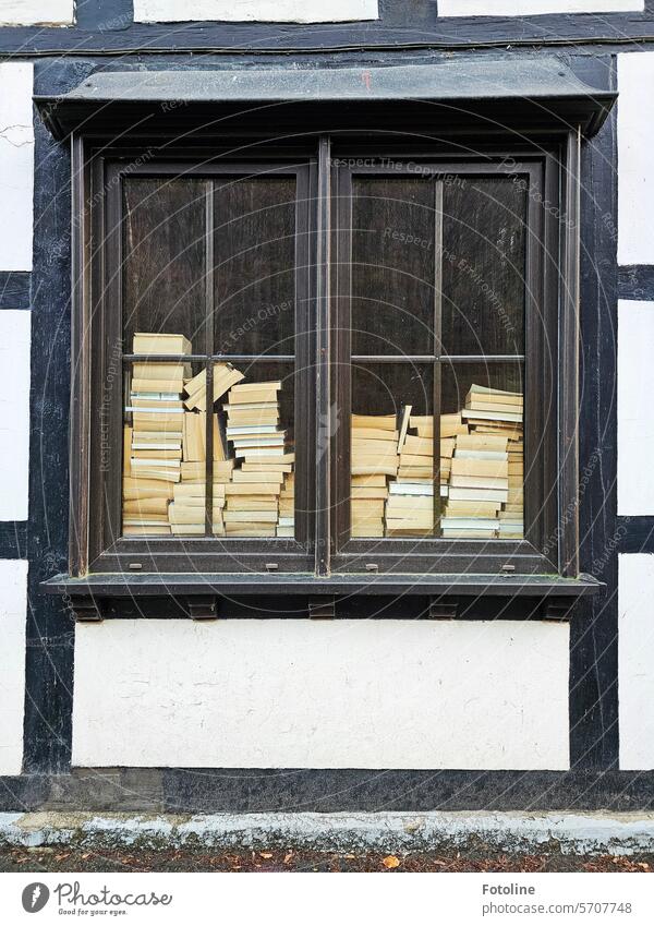 Im Fenster eines alten Fachwerkhauses liegen ganz viele Bücher. Sicher wurden die alle gelesen. Nur nicht von mir, meine Bücher sind das nicht. Gebäude Haus