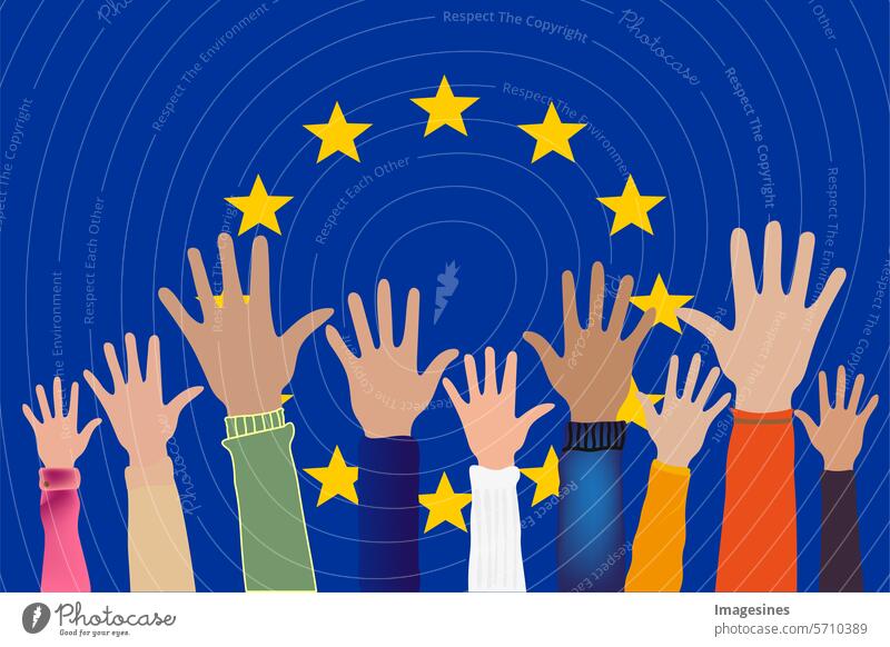 EUROPAWAHL 2024. Wahlalter ab 16. Jugendliche heben die Hände. Europaflaggen - Hintergrund mit Sternen. Abbildung Europawahl Menschen Haende hintergrund