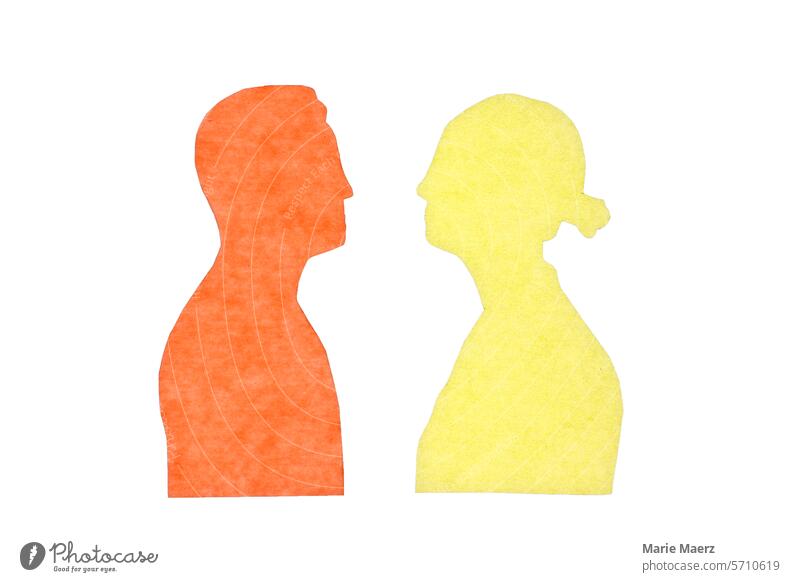 Frau und Mann sehen sich an - Papierschnitt Silhouetten Paar Beziehung Partnerschaft zwei Interaktion Kommunikation Grafik u. Illustration Menschen Zusammensein