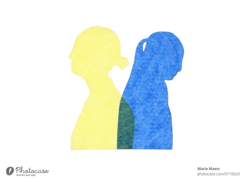 Zwei weibliche Silhouetten, die in entgegengesetzte Richtungen schauen Konflikt & Streit Frauen Mutter Tochter abstrakt weißer Hintergrund Mensch Gefühle