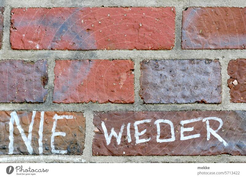 Nie wieder auf solider Brandmauer Mauer Klinker nie wieder Farbe geschrieben Graffiti Backstein Schrift Wand Fassade weiß Haus rot Stein Gebäude Schriftzeichen