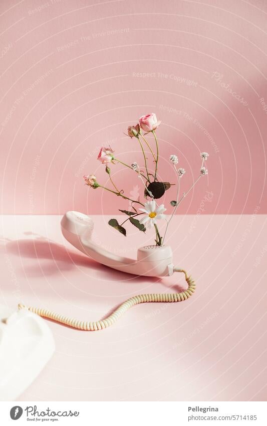 good news Telefon Blumen Pink Neuigkeiten anrufen floral blühend rosen margeriten kabel retro oldschool sag hallo ruf mal wieder an