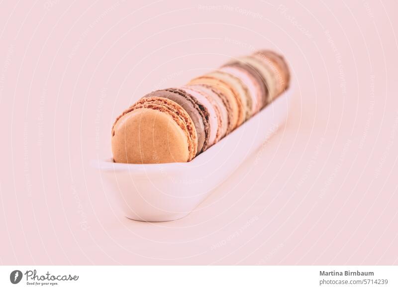 Braune und orangefarbene französische Makronen auf einem einfarbigen pastellfarbenen Hintergrund Schokolade farbenfroh Zucker süß geschmackvoll Biskuit Pastell