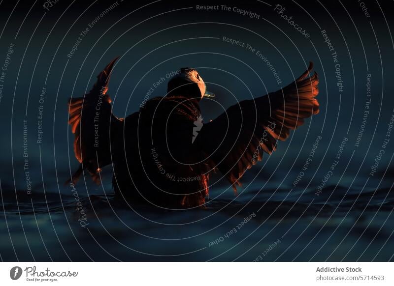 Dramatische Silhouette einer Ente, die in der Abenddämmerung auf der Wasseroberfläche mit den Flügeln schlägt, wobei das letzte Licht einen warmen Schimmer erzeugt