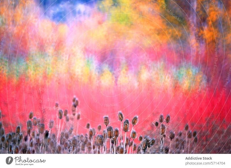 Herbstliche Pictorialismus-Landschaft mit Bäumen und Disteln Piktorialismus Kunst Malerei Baum Stachelige Kratzdistel Silhouette pulsierend Farbe Unschärfe