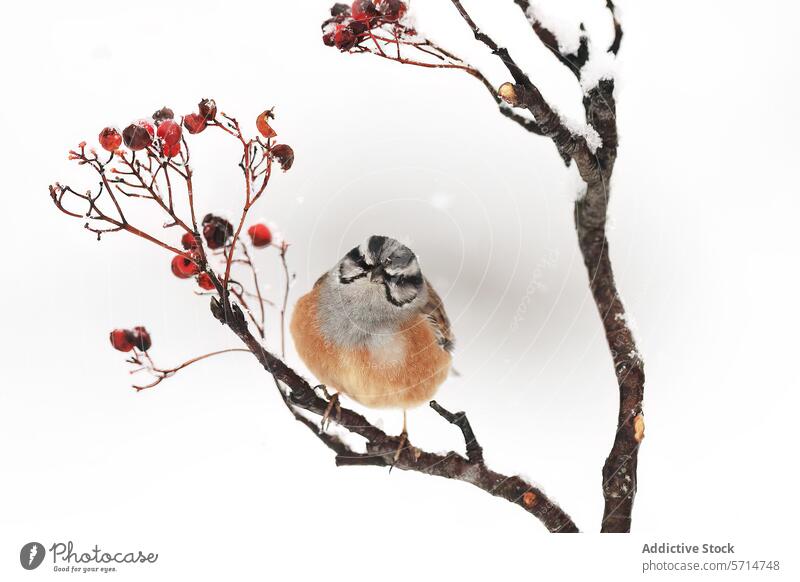 Charmanter Vogel auf verschneitem Zweig mit Beeren sitzend Ast Schnee weißer Hintergrund bezaubernd auffallend Markierungen sitzt Karmesinrot schneebedeckt