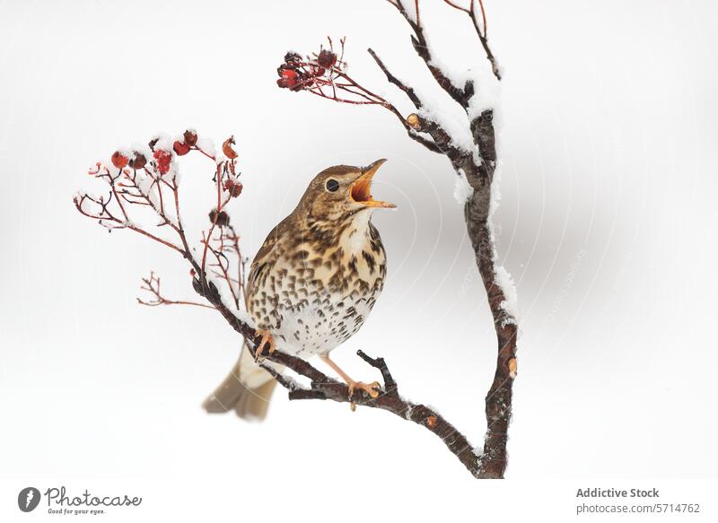 Singender Vogel auf schneebedecktem Ast im Winter Gesang Schnee weiß Hintergrund gehockt wohlklingend Beeren beladen frisch Gestaubt Natur Tierwelt Saison kalt