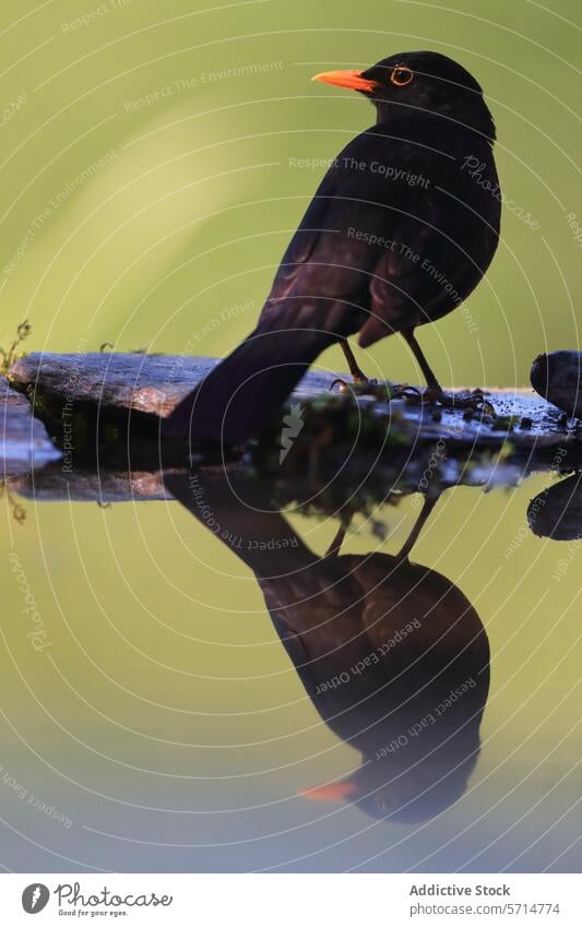 Amsel in der Dämmerung am Wasser sitzend Turdus-Merula Silhouette Reflexion & Spiegelung Abenddämmerung Orangefarbener Schein gehockt Windstille Natur Tierwelt