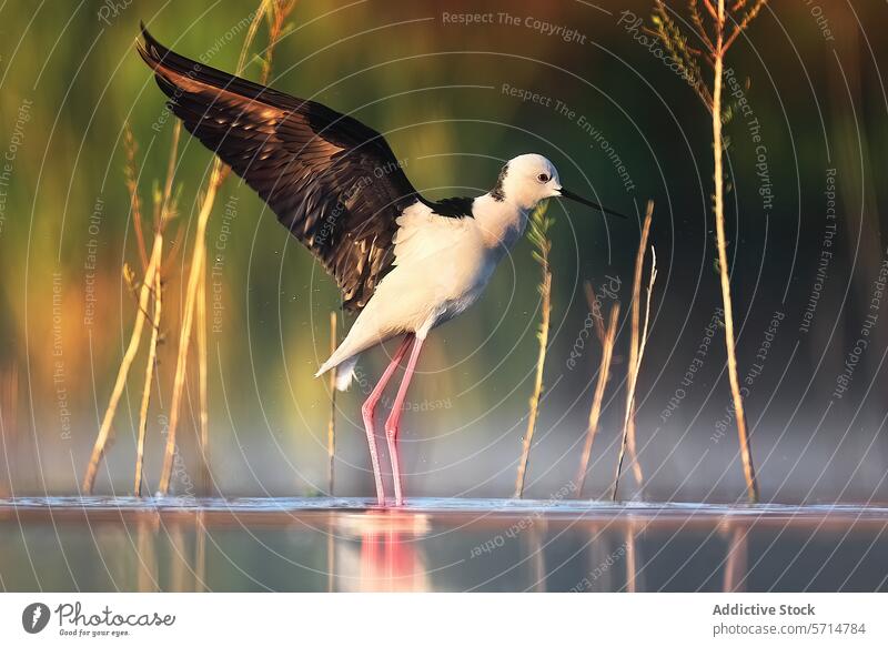 Säbelschnäbler im Wasser bei Sonnenuntergang mit Flügeln Recurvirostra avosetta Vogel Natur Tierwelt Anmut Eleganz Windstille Röhricht goldenes Licht