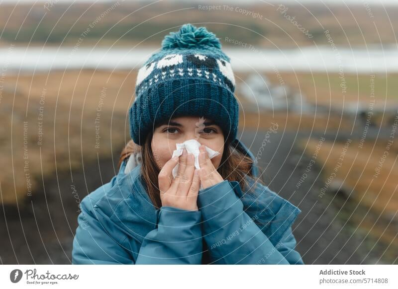 Kälteschaden: Frau schnäuzt sich in Island Ausflug kalt Wetter im Freien Wind Nase Gewebe blasend Gesundheit Winter Bekleidung Strickmütze Krankheit Natur