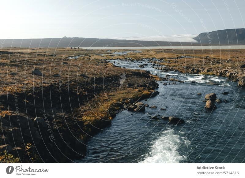 Beschauliche Flusslandschaft im ländlichen Island Landschaft ruhig Gelassenheit Klarer Himmel Berge u. Gebirge fließen Wasser Natur natürlich im Freien