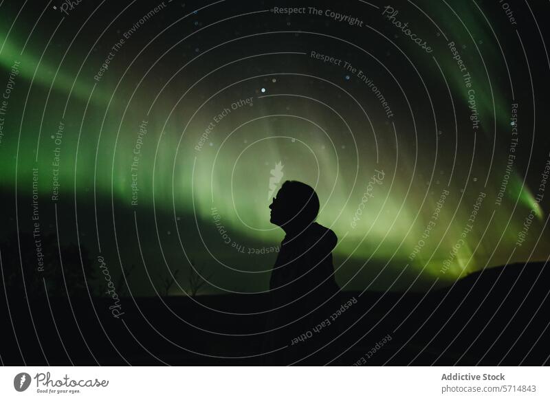 Silhouette eines Mannes unter den Nordlichtern in Island Nacht Himmel Ehrfurcht Wunder isländisch dunkel himmlisch natürlich Erscheinung reisen Abenteuer