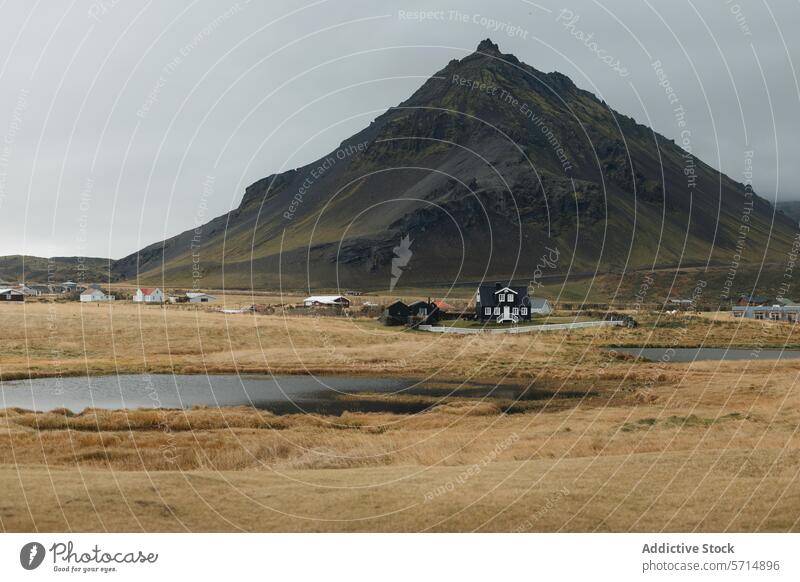 Friedliches Dorf am Fuße eines isländischen Berges Island Berge u. Gebirge Landschaft Gelassenheit idyllisch ländlich Ruhe Architektur Haus Natur reisen