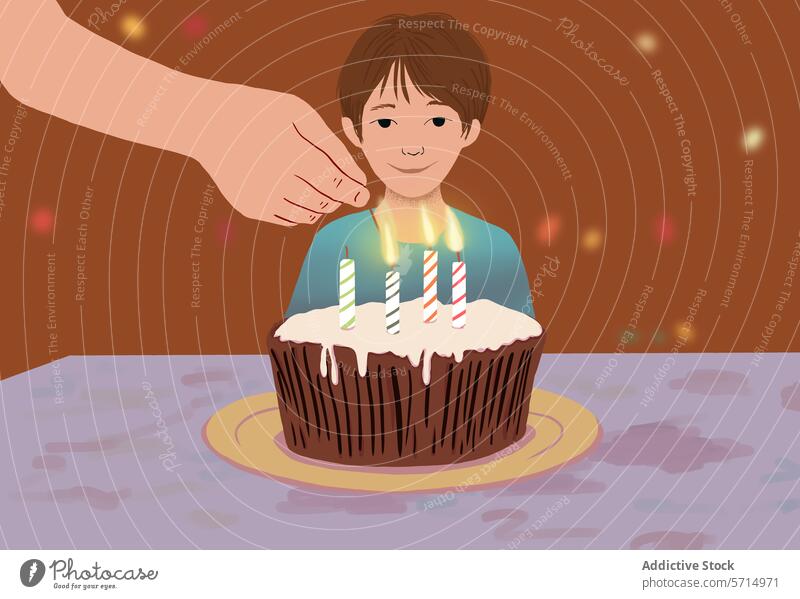 Junge mit angezündeten Geburtstagskerzen auf Kuchen Kerze Feier Kind Fröhlichkeit Freude Anlass Party Lächeln jung Grafik u. Illustration Lifestyle