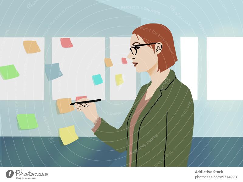 Professionelle Frau beim Brainstorming mit Haftnotizen Grafik u. Illustration professionell Unternehmen Büro modern Denken farbenfroh überblicken Strategie