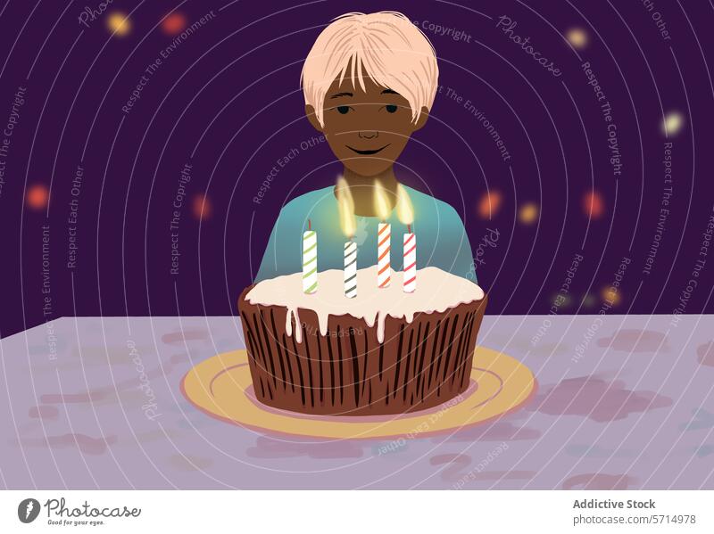 Lächelndes Kind mit Geburtstagskuchen und angezündeten Kerzen Grafik u. Illustration Lifestyle Kuchen Feier Party Glück Anlass festlich Veranstaltung Dessert