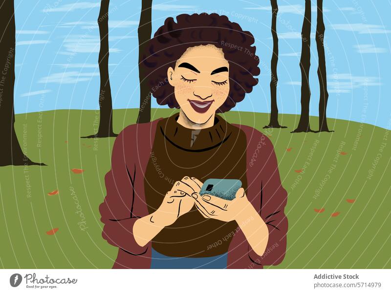 Lächelnde Frau mit Smartphone im herbstlichen Park Texten Herbst Wald Blätter heiter jung ruhig Genuss Lifestyle Grafik u. Illustration im Freien Natur