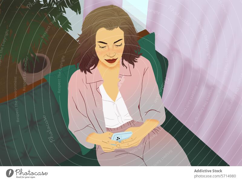 Frau entspannt sich zu Hause und benutzt ein Smartphone Sofa heimwärts gemütlich räkeln sich[Akk] entspannen Grafik u. Illustration Lifestyle im Innenbereich