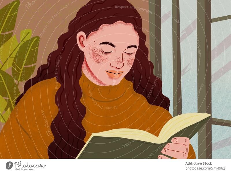 Gemütliche Lesestunde am Fenster Grafik u. Illustration Frau lesen Buch gemütlich Lifestyle warm Gelassenheit im Innenbereich Freizeit Erholung Bildung