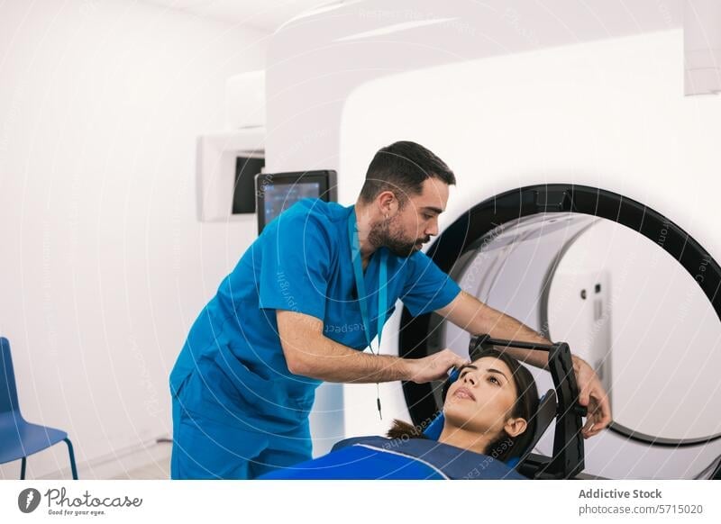 Medizinisches Fachpersonal bereitet den Patienten auf die CT-Untersuchung vor Gesundheitswesen medizinisch Techniker geduldig ct-Scan Computertomographie