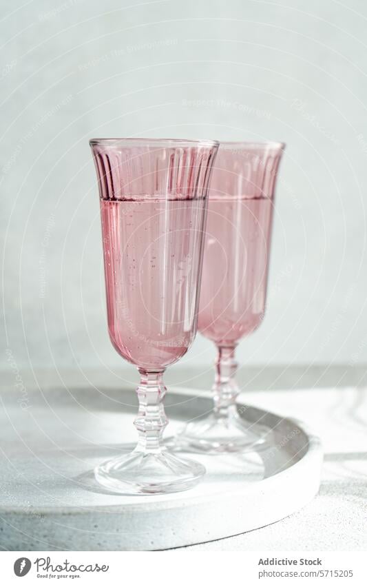 Elegantes rosa Gläserset in weichem Licht. Generatives AI-Bild Glas altehrwürdig minimalistisch Sonnenlicht Reflexion & Spiegelung elegant Oberfläche duo