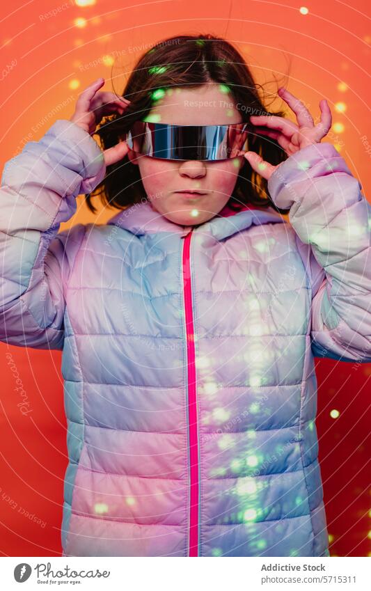 Neugieriges Mädchen, das eine futuristische Brille mit einer pastellfarbenen Jacke vor einem orangefarbenen Hintergrund einstellt, beleuchtet von bunten Lichtern