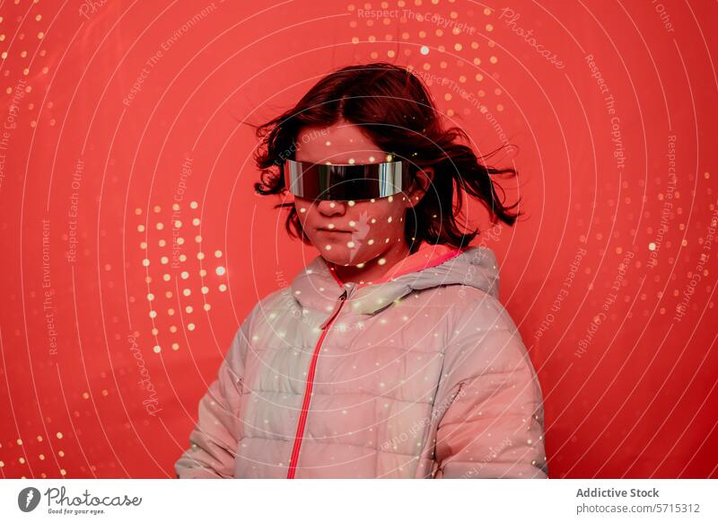 Mädchen mit ernstem Gesichtsausdruck, mit reflektierender futuristischer Brille und weißer Pufferjacke, vor einem gepunkteten roten Hintergrund