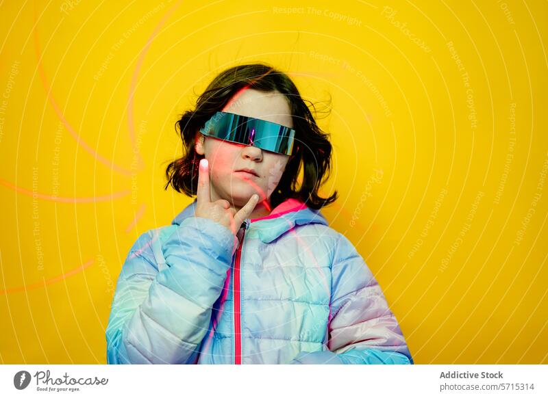 Nachdenkliches Mädchen mit einer futuristischen Brille, die ihr Kinn berührt, in einer mehrfarbigen Jacke vor einem gelben Hintergrund mit hellen Schlieren