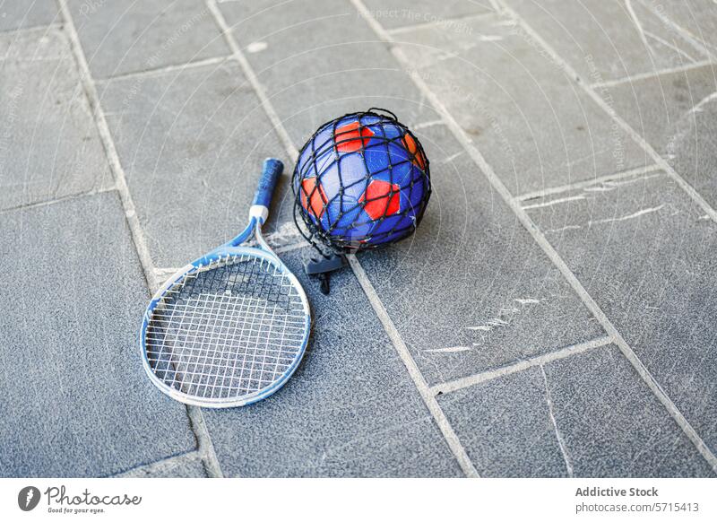 Grundausstattung für ein Sportwochenende mit Badminton- und Fußballausrüstung Wochenende Remmidemmi Ball Netz blau rot Beton Oberfläche im Freien Aktivität