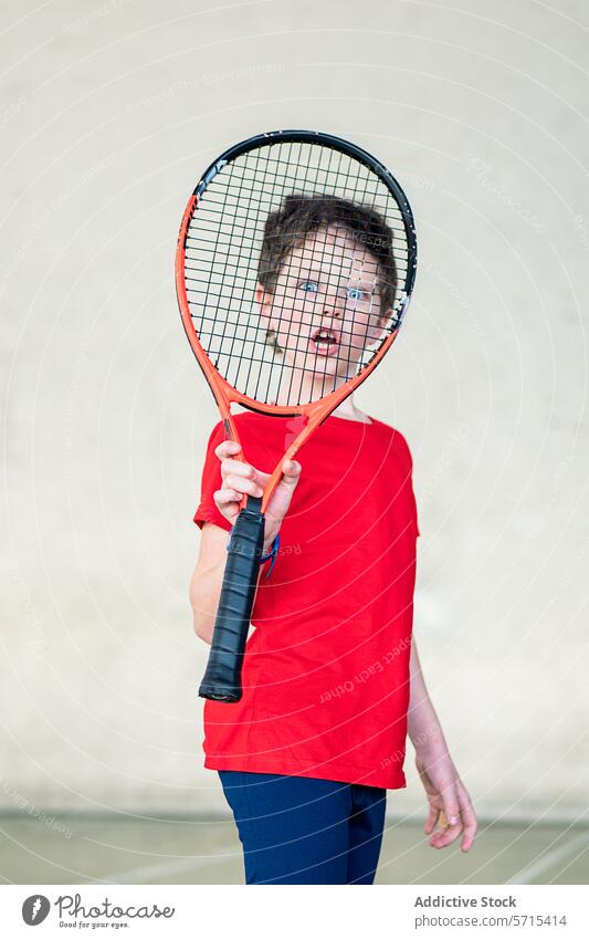 Aktiver Junge mit Tennisschläger beim Sportwochenende aktiv Spiel Tennisplatz rotes Hemd Sportbekleidung spielerisch Kindheit Hobby Übung Freizeit Spaß Jugend