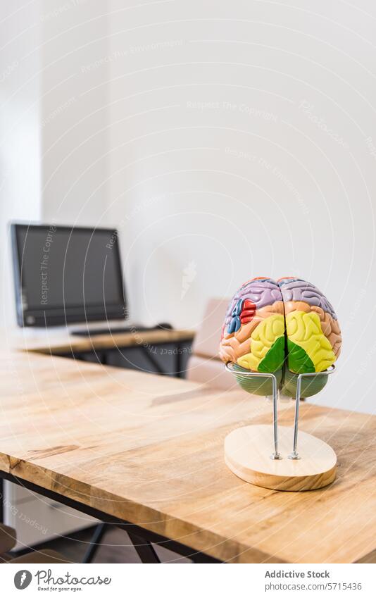 Ein farbenfrohes anatomisches Modell des menschlichen Gehirns auf einem Holzständer auf einem Schreibtisch, mit einem Laptop im Hintergrund in einer sauberen, modernen Büroumgebung