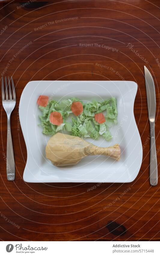 Konzeptuelle Plastiktütenmahlzeit auf einem weißen Teller Lebensmittel Mahlzeit Besteck Tisch hölzern Keramik Salat Möhre Hähnchenkeule künstlich speisend