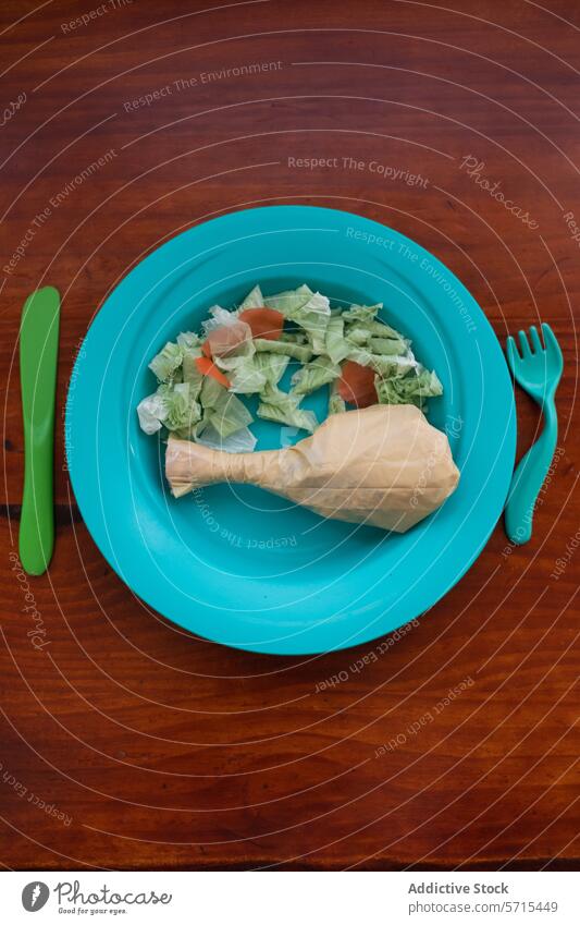 Ungewöhnliche Plastiktüten-Mahlzeit auf bunten Tellern Kunststoff Tasche Lebensmittel Abfall Konzept surreal Einrichtung farbenfroh Kinder Salatbeilage