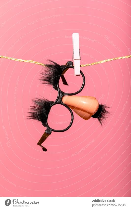Generative AI-Illustration von lustigen Neuheit Brille mit falschen Nase und Augenbrauen hängen auf einer Wäscheklammer und Schnur gegen einen rosa Hintergrund