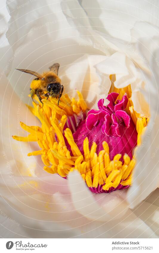 Honigbiene bei der Bestäubung einer blühenden Pfingstrose im Frühling Biene Pollenflug Blume Nektar Staubfäden Blütenblatt weiß magenta gelb Blütezeit Garten