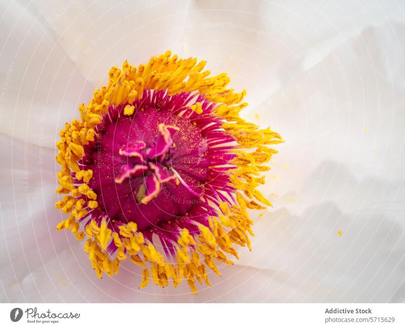 Lebendiges Pfingstrosenblüten-Detail in der Frühlingszeit Blume Nahaufnahme pulsierend magenta gelb Blüte Blütenblatt Detailaufnahme Makro Blütezeit botanisch