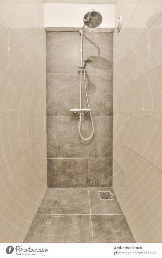Moderne Dusche mit zwei Duschköpfen in einem beige gefliesten Badezimmer modern dual Duschkopf Niederschlag Handheld Fliesen u. Kacheln Zeitgenosse Design Wand