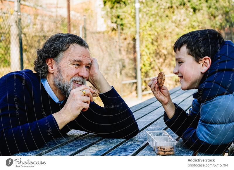 Fröhlicher Großvater und Enkel essen Kekse im Park Essen Cookies Picknick-Tisch hölzern Lächeln Teilen Familie Bonden Holunderbusch Kind Freude Sitzen im Freien