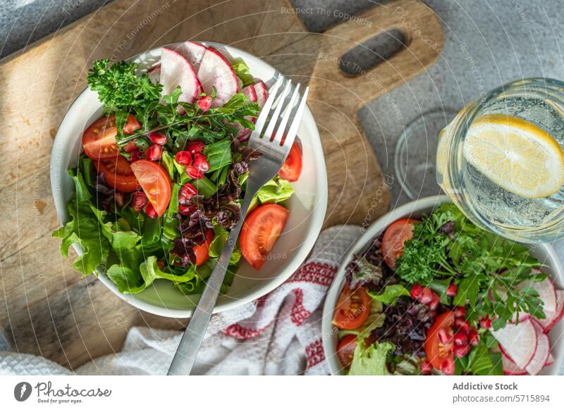 Draufsicht auf eine Nahaufnahme eines gesunden Gemüsesalats mit gemischtem Grün, Radieschen, Kirschtomaten und Granatapfelkernen, neben einem Glas Zitronenwasser auf einem Holzbrett