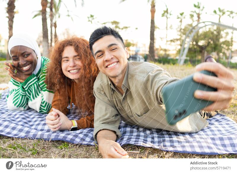 Vielfältige Studenten genießen ihr Picknick und machen ein Selfie Schüler Vielfalt multiethnisch Afroamerikaner hispanisch Kaukasier Frau Mann Freundschaft