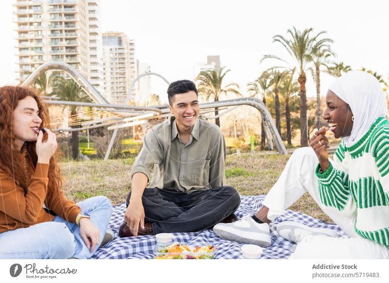 Unterschiedliche Freunde bei einem Picknick im Park Schüler multiethnisch urban Gebäude lachen Snacks sonnig Tag Vielfalt Afroamerikaner Kaukasier Mann Frau