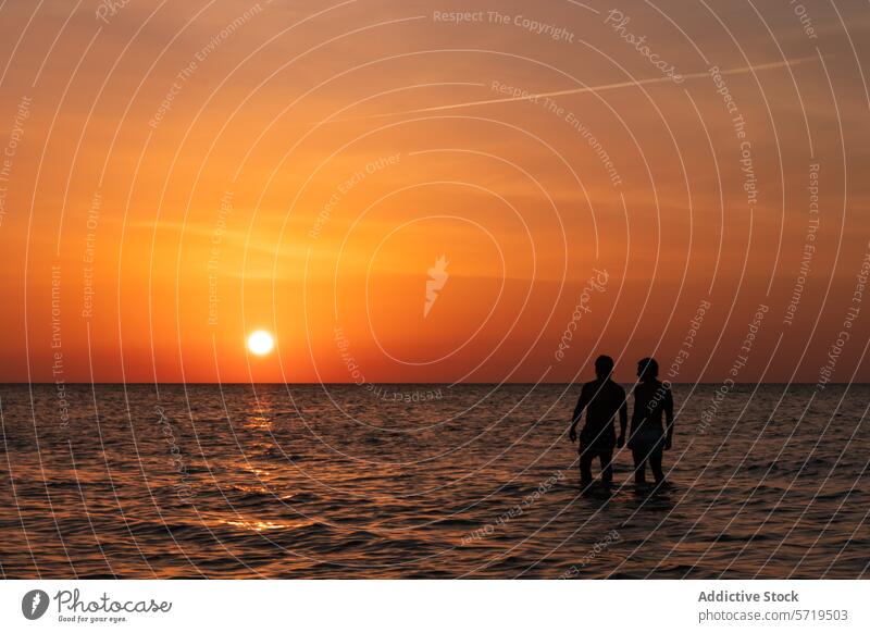 Zwei silhouettierte Figuren stehen zusammen im Meer und genießen einen atemberaubenden Sonnenuntergang am Horizont Gesellschaft Silhouette MEER Dämmerung